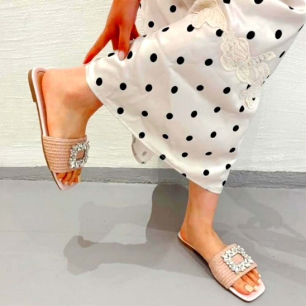 LILIANA Rhinestone Raffia Slip-On Slide Mule NWT - Picture 6 of 11